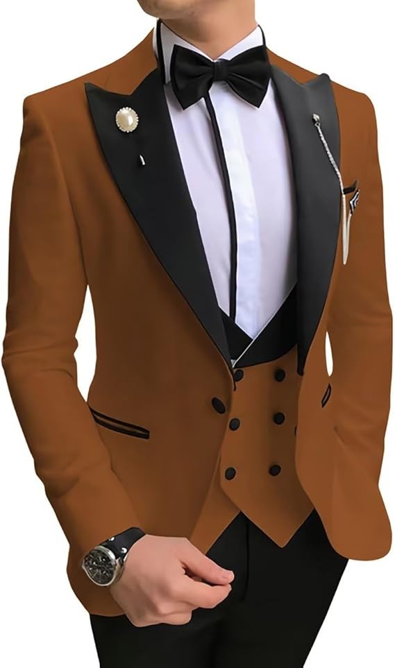 Men's Tuxedo Slim Fit 3 Piece Suit Formal Wedding Suit One Button Jacket Vest & Trousers with Bow Tie