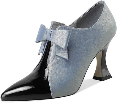 Women's Genuine Leather Handmade Sexy High Spool Heel Patent Pointed Toe Side Zipper Pump Shoes with Cute Bow