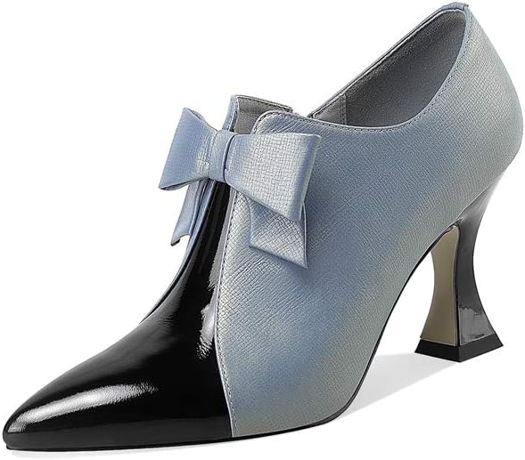 Women's Genuine Leather Handmade Sexy High Spool Heel Patent Pointed Toe Side Zipper Pump Shoes with Cute Bow