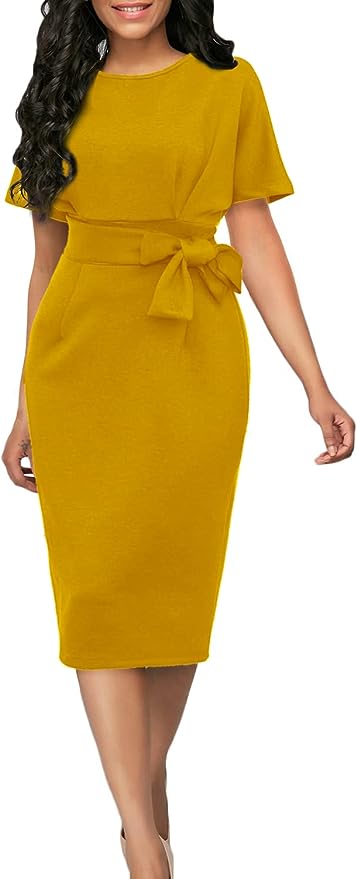 Women Batwing Sleeve Bodycon Work Dresses High Waist Business Casual Office Pencil Dress with Belt