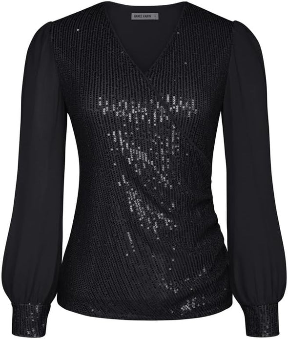 Womens Sequin Dressy Tops Chiffon Light Long Sleeve Glitter Sparkly Shimmer Party
