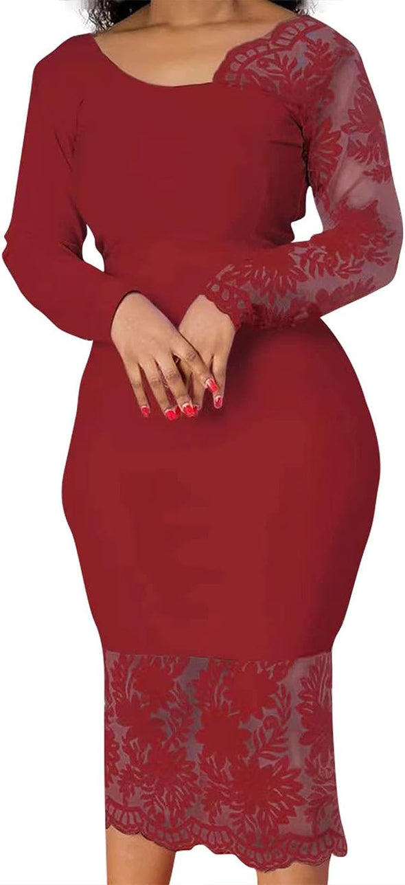 Women Elegant Floral Lace Patchwork Long Sleeve Evening Gown Party Cocktail Bodycon Dress