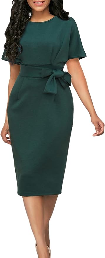Women Batwing Sleeve Bodycon Work Dresses High Waist Business Casual Office Pencil Dress with Belt