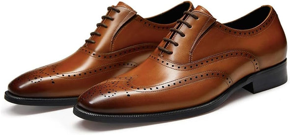 Men’s Dress Shoes with Genuine Leather in Classic Brogue Elastic Band Oxford Formal
