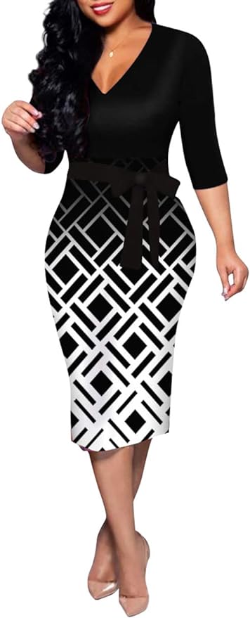 Women's Bodycon Work Pencil Dress Colorblock Back Zipper Office Business Dresses