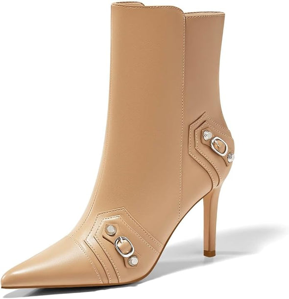 Womens High Heel Ankle Boots Pointed Toe Sexy Stiletto Buckle Decor Zipper Booties Fall Winter Shoes