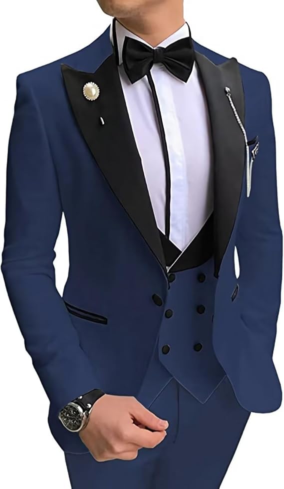 Men's Tuxedo Slim Fit 3 Piece Suit Formal Wedding Suit One Button Jacket Vest & Trousers with Bow Tie