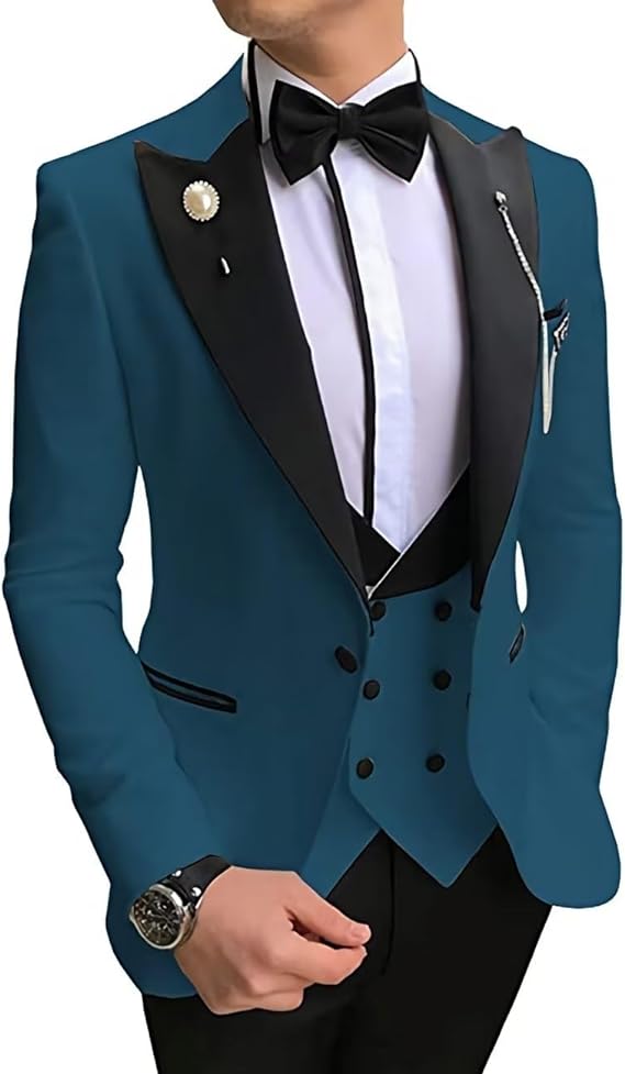Men's Tuxedo Slim Fit 3 Piece Suit Formal Wedding Suit One Button Jacket Vest & Trousers with Bow Tie