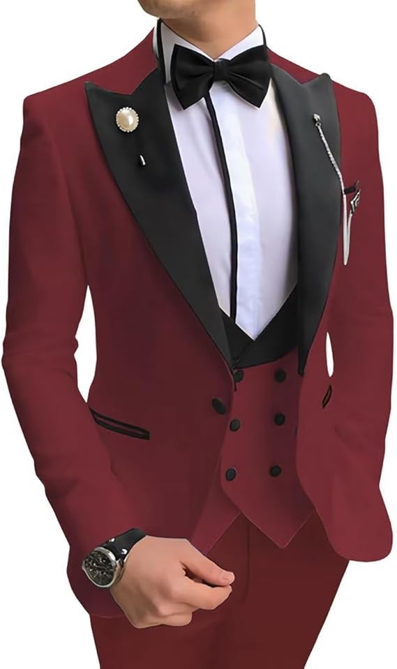 Men's Tuxedo Slim Fit 3 Piece Suit Formal Wedding Suit One Button Jacket Vest & Trousers with Bow Tie