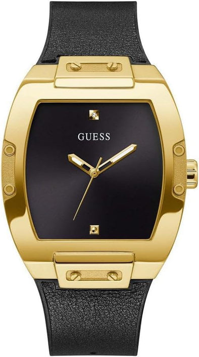 GUESS Men's Trend Casual Watch – Black Dial Gold-Tone Stainless Steel Case with Black Flex