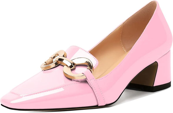 Womens Square Toe Block Heels Mid Chunky Heel Loafer Pumps Slip On Chain Dress Comfortable Prom Shoe