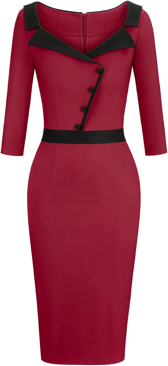 Women's 1950s 3/4 Sleeve Pencil V Neck Midi Knee Length Bodycon Vintage Cocktail Dresses