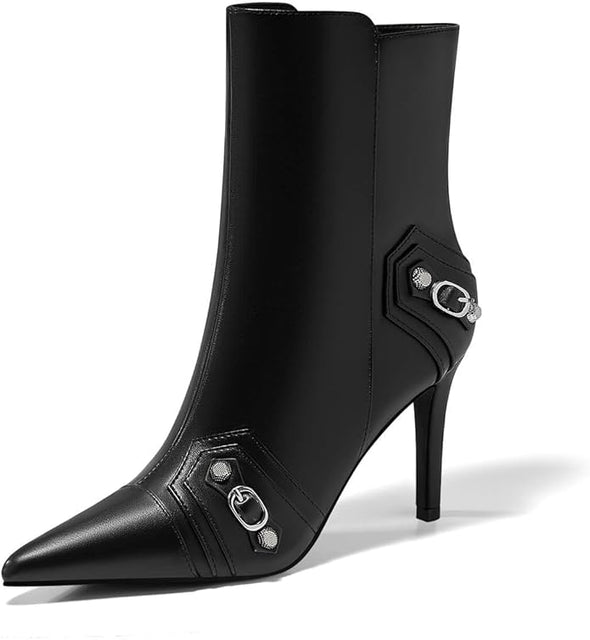 Womens High Heel Ankle Boots Pointed Toe Sexy Stiletto Buckle Decor Zipper Booties Fall Winter Shoes