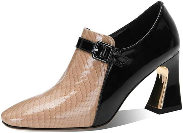 Women's Genuine Leather Round Toe Handmade Buckle Side Zipper Multi-Colored Mid Chunky Heel Stylish Pumps Shoes