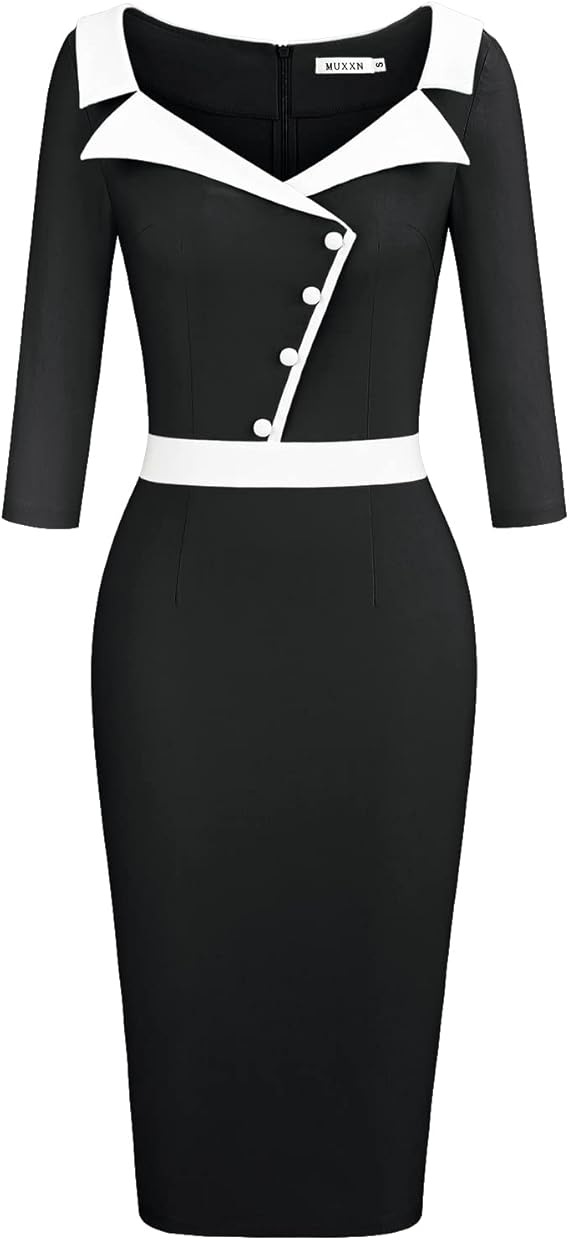 Women's 1950s 3/4 Sleeve Pencil V Neck Midi Knee Length Bodycon Vintage Cocktail Dresses