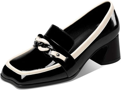 Women's Genuine Leather Square Toe Handmade Assorted Color Chunky Heel Trendy Loafers