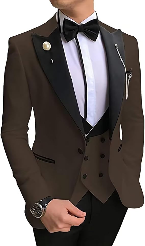 Men's Tuxedo Slim Fit 3 Piece Suit Formal Wedding Suit One Button Jacket Vest & Trousers with Bow Tie