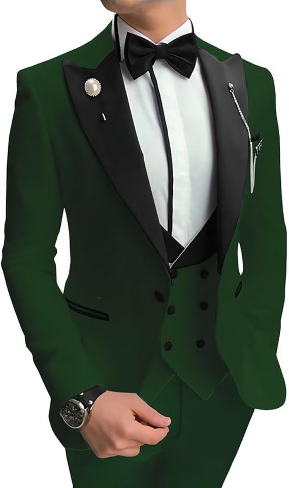 Men's Tuxedo Slim Fit 3 Piece Suit Formal Wedding Suit One Button Jacket Vest & Trousers with Bow Tie