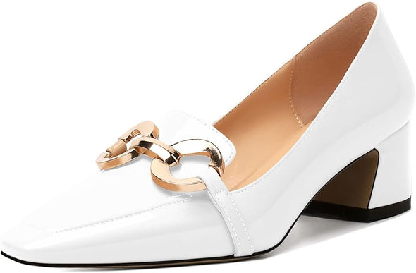 Womens Square Toe Block Heels Mid Chunky Heel Loafer Pumps Slip On Chain Dress Comfortable Prom Shoe