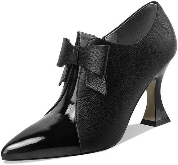 Women's Genuine Leather Handmade Sexy High Spool Heel Patent Pointed Toe Side Zipper Pump Shoes with Cute Bow