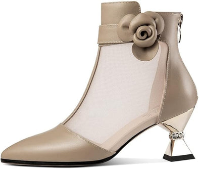 Women's Pointed Toe Genuine Leather & Mesh Handmade Flower Décor Mid Heels Back Zipper Stylish Ankle Boots