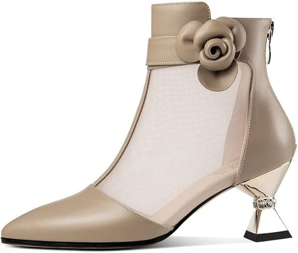 Women's Pointed Toe Genuine Leather & Mesh Handmade Flower Décor Mid Heels Back Zipper Stylish Ankle Boots