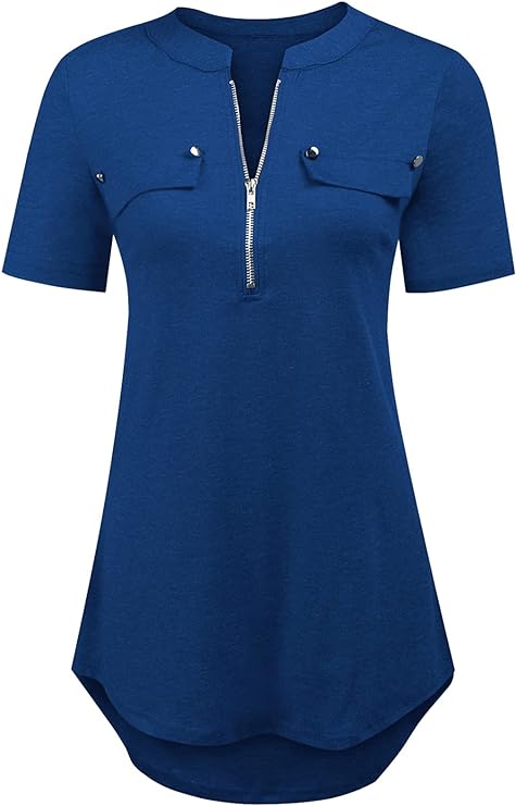 Women's Short Sleeve Zip Flowy Tunic Tops Business Casual Work Office Blouses Shirts