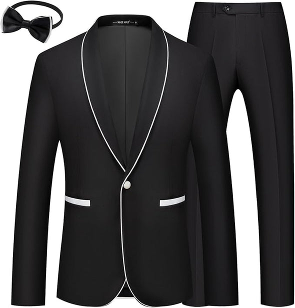 Mens 2 Pieces Tuxedo Shawl Lapel Slim Fit One Button Color Clashing Design Suit Wedding Blazer Jacket and Pants Set