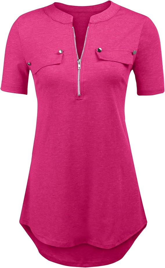 Women's Short Sleeve Zip Flowy Tunic Tops Business Casual Work Office Blouses Shirts