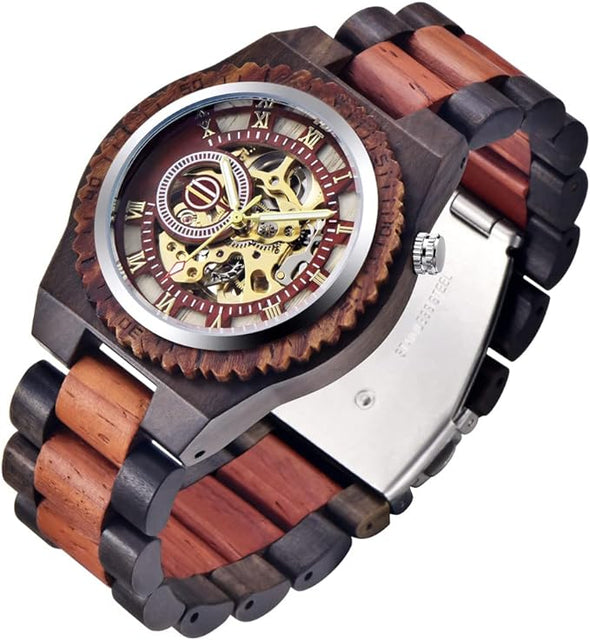 Men's Wooden Watch Skeleton Automatic Movement Wood Watch Self-Winding Watches for