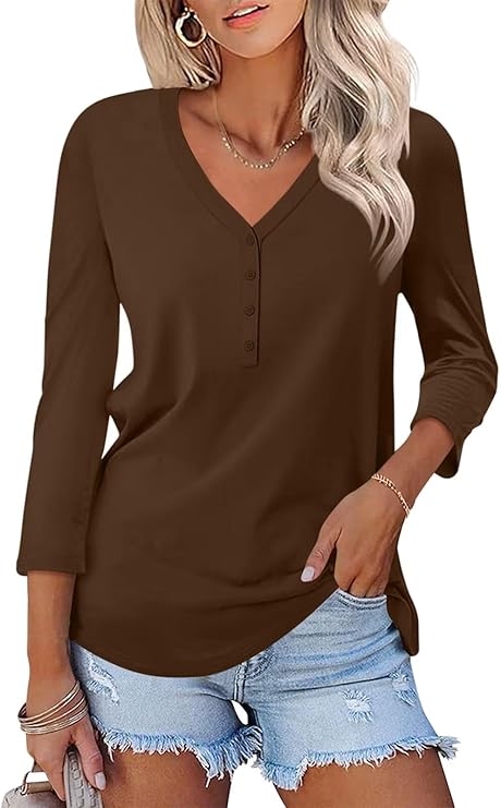 V Neck 3/4 Sleeve Tops Solid Shirts Casual Summer Tees