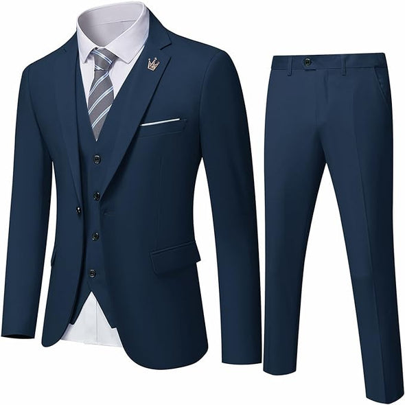 Men's 3 Piece Slim Fit Suit, One Button Jacket Blazer Vest Pants Set and Tie