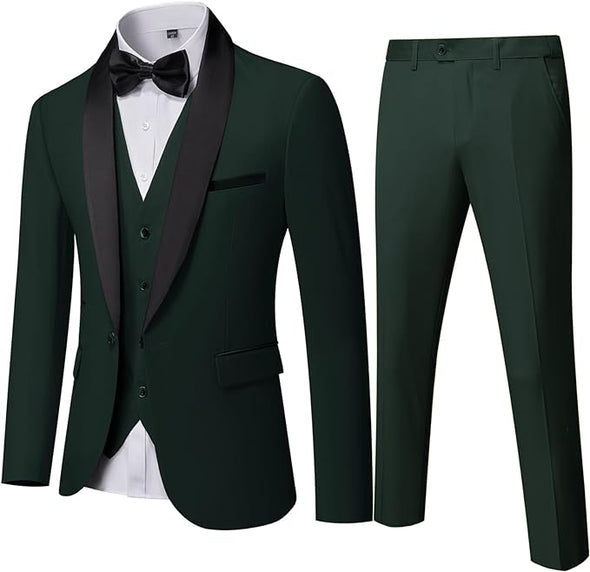 Men's 3 Piece Slim Fit Tuxedo Set, One Button Shawl Collar Solid Jacket Vest Pants with Bow Tie