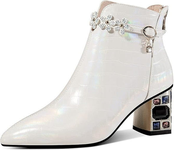 Genuine Leather Women's Handmade Crystal Chunky Heel Pointed Toe Back zip Up Floral Belt Ankle Booties