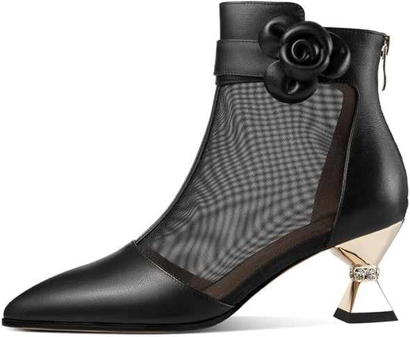 Women's Pointed Toe Genuine Leather & Mesh Handmade Flower Décor Mid Heels Back Zipper Stylish Ankle Boots