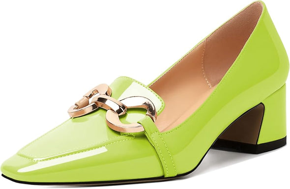 Womens Square Toe Block Heels Mid Chunky Heel Loafer Pumps Slip On Chain Dress Comfortable Prom Shoe