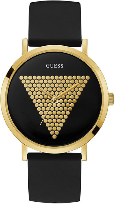 GUESS Iconic Studded Black and Gold-Tone Logo Silicone Watch.