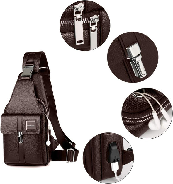 Men leather Sling Bag Chest Bag Shoulder Bag Crossbody Casual Bag Pack Multipurpose