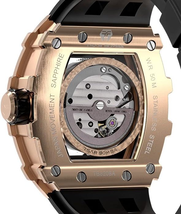 TSAR BOMBA Luxury Mens Automatic Mechanical Watches - Japanese Movement Sapphire Glass - 50M Waterproof Men's Watch - Square Wrist Watches Silicone Band Luminous Elegant Gifts for Men