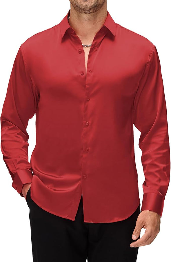 Mens Luxury Satin Dress Shirt Long Sleeve Silk Shiny Sateen Party Shirt