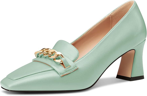 Women Mid Chunky Block Loafers Close Square Toe Slip-on Pumps with Metal Chain Work Casual Pumps 2.8 Inches Heels