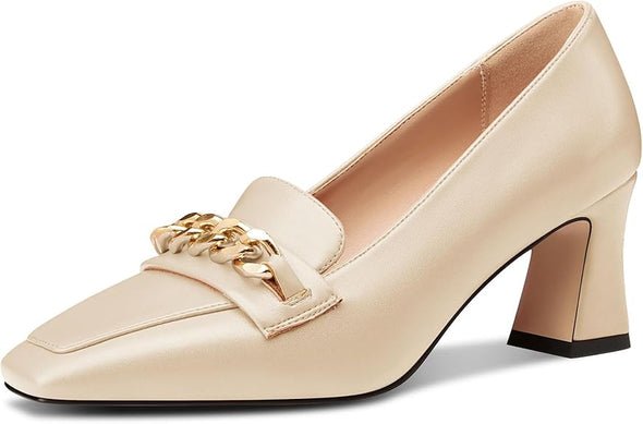 Women Mid Chunky Block Loafers Close Square Toe Slip-on Pumps with Metal Chain Work Casual Pumps 2.8 Inches Heels