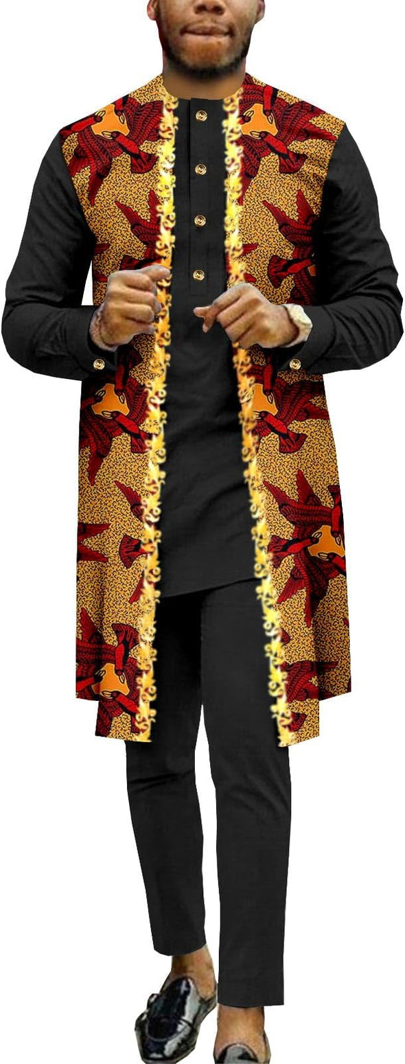 Men Single Breasted Embroidery Print Shirts and Pants 2 Piece Set Outfits