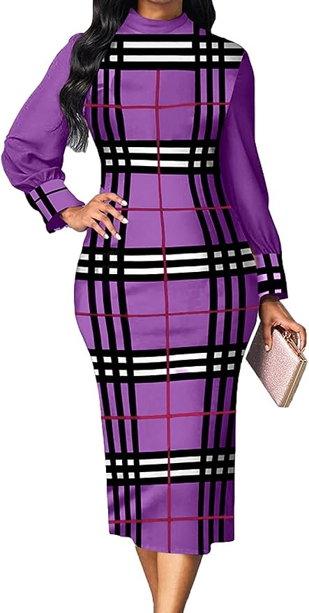 Women Pencil Dress Elegant Short Ruffles Sleeve Striped Print Crew Neck midi Bodycon Church Dress