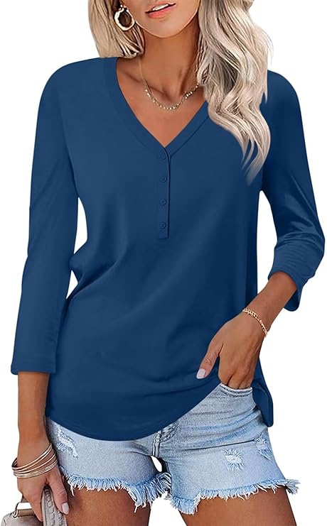 V Neck 3/4 Sleeve Tops Solid Shirts Casual Summer Tees