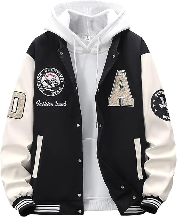 Men's Letter Print Varsity Jacket Color Block Streetwear Bomer Baseball Jacket
