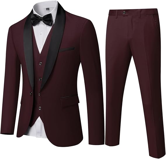 Mens 3-Piece Suit Shawl Lapel One Button Tuxedo Winter Fabric Slim Fit Dinner Jacket Vest Pants & Tie Set