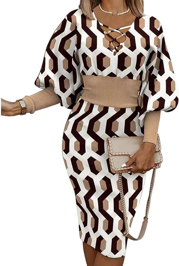 Women Trendy Lantern Sleeve Dress Casual Work Criss Cross V-Neck Color Block Slim Midi Wrap Pencil Dress Fall Spring