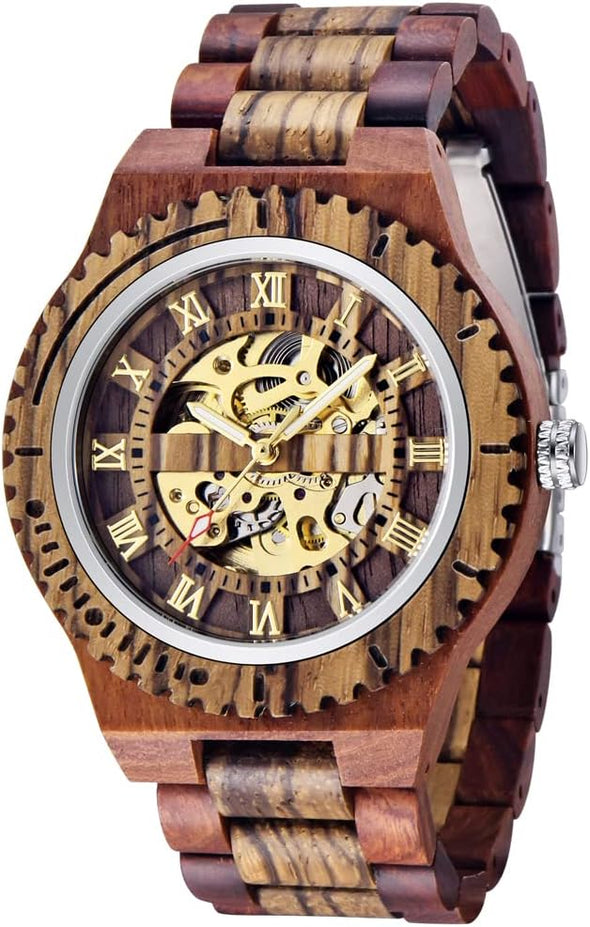 Men's Wooden Watch Skeleton Automatic Movement Wood Watch Self-Winding Watches for