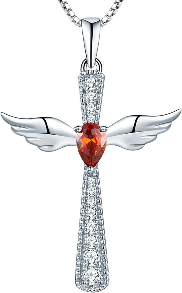 Cross Necklace 925 Sterling Silver Angel Wings Pendant Teardrop Cubic Zirconia Criss Jewelry